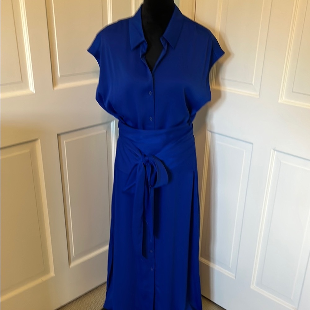 Elegant Blue cap sleeve Dress with wrap around cummerbund sash tie at waist